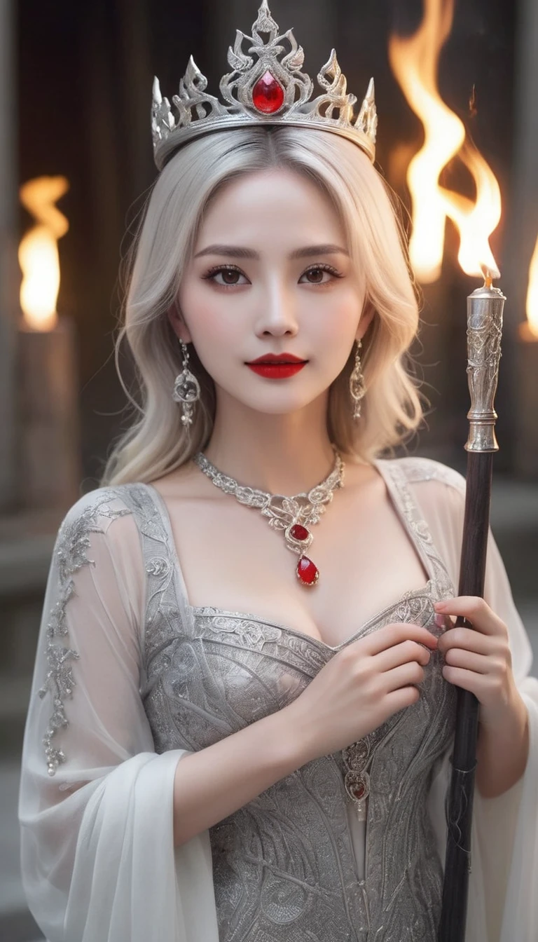 (((surreal woman)))、((Very beautiful 30 year old white woman))、(((Big big cleavage)))、のwitch girl、blonde mature、Plump figure、smile、Middle-aged beauty 、Very delicate and delicate skin texture、witch girl、{(Ancient ornate and luxurious temple)、(Many torches are burning)}、Red lips、Beautiful scarlet eyes、(((Gorgeous and glamorous silver outfit and luxurious accessories)))、I have a shiny platinum wand、