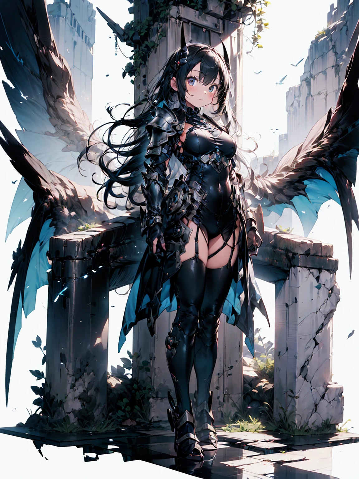 masterpiece、beste-Qualit、Insanely detailed,Super detailed illustration、One-man girl、独奏、(Heavy black armor:1.5)、(Bikini 1.1)、(Black feather hair ornament:1.3)、straggling hair、cabelos preto e longos、Twintail,(Over-the-knee boots:1.1)、(Thigh Armor:1.2)、(Crow motif:1.4),(Leaning forward:1.2),(Kneeling),(grinning evily:1.3),(grinning)、Black Eye Shadow、(In the dark forest:1.5)、(Influence of wind:1.2),5finger、Purple、darkblue、(Crow's wings are fluttering)、(Luxurious decoration)、front view,