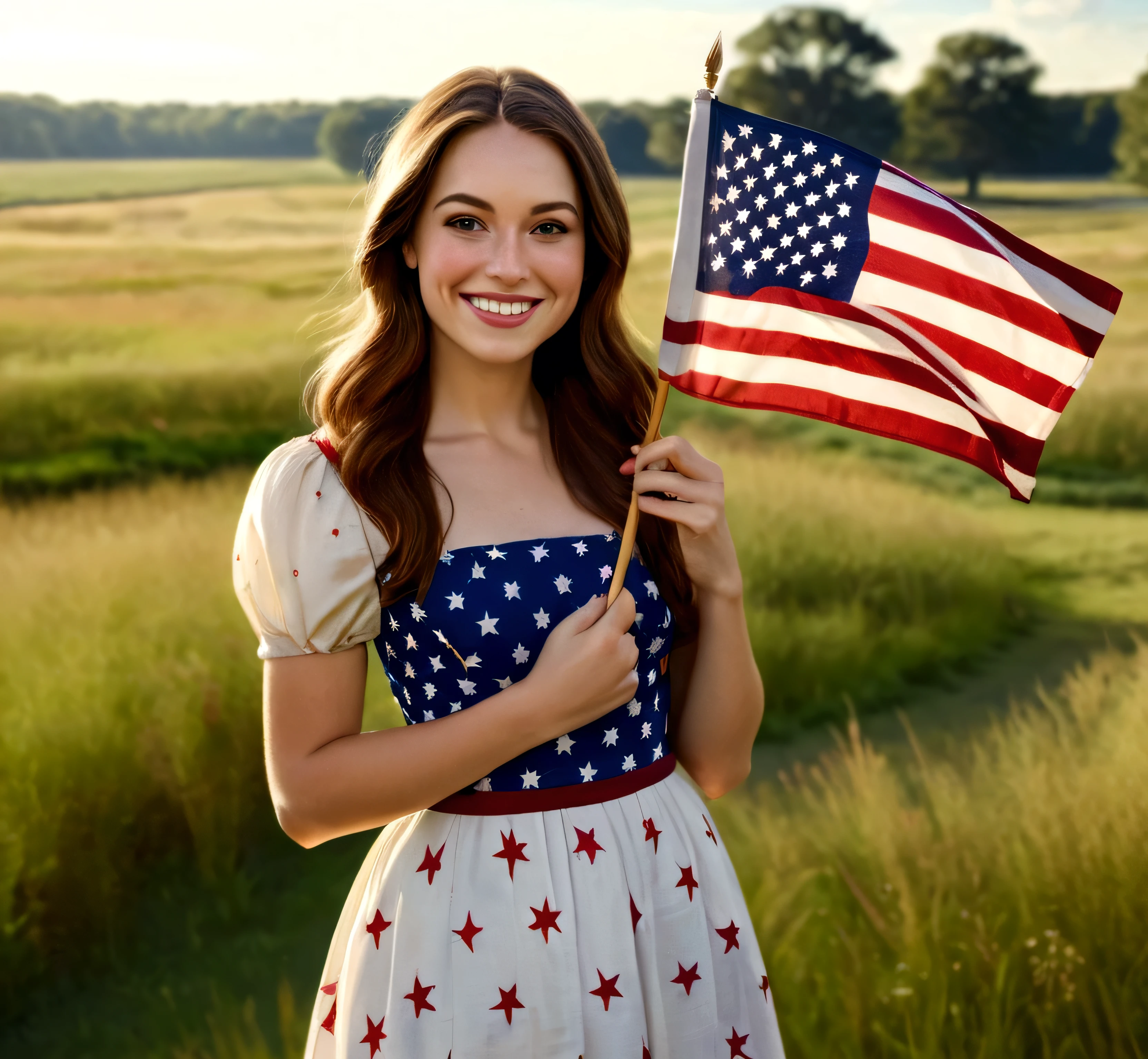 Photorealistic portrait of a beautiful American woman aged 25-30 years old, with long brown hair, smiling and wearing a red, white, and blue American flag dress, standing outdoors on a grass field on a sunny day holding a small American flag in her right hand, Independence day, Fourth of July celebration, Art by Vermeer, Art by Rembrandt, 35mm portrait lens, sharp focus, bright exposure, 4K resolution, detailed features. 