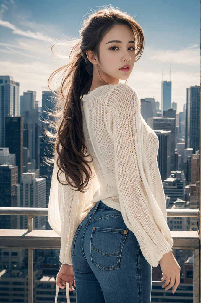 {[[[Ultra Detail]]]}, [[[realistic]]], [[[depth of field]]], full body, back, head tilt, incredibly detailed, longuette, 1 girls, 30 years old, very long hair, curly hair, high ponytail, light brown hair, beatiful detailed hair, Perfect face, Delicate arms and hands, slim legs, white skin, piercing, oversized clothes, large top sleeves, jeans, open clothes, cityscape, beautiful detailed sky, an extremely delicate and beautiful, [[[wallpaper 8k CG]]], [[[best quality]]], [[[best masterpiece]]],