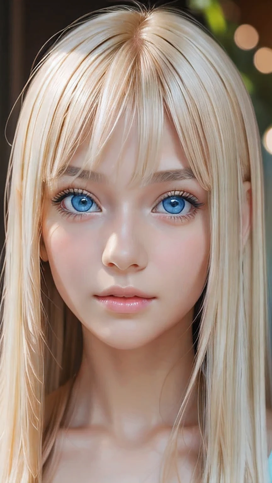 Highest quality、masterpiece、(Realistic:1.4)、One very beautiful blonde girl、Dazzlingly long, super long straight silky platinum blonde、Bangs between the eyes、bangs on the face、Big, very bright light blue eyes that shine so beautifully、Very big eyes、front、Detailed face、Beautiful Eyes、Very white and bright, beautiful skin、Small Face Beauty、14 year old beautiful girl、Cheek gloss highlighter、Round face