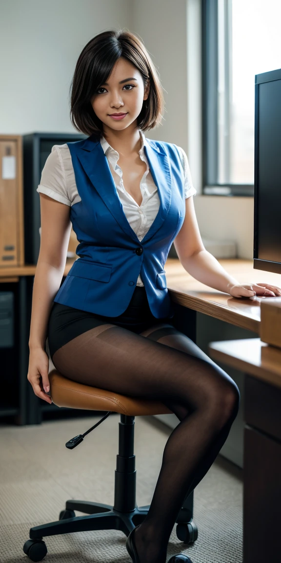 (RAW, best quality, masterpiece:1.5), (photo realistic, intricate details:1.2), ultra highres, absurdres, 1girl, beautiful face, blue eyes, green eyes, detalied eyes, symmetric eyes, light on face, nose blush, short hair, black hair tie, naked breasts, clk, vest, suit, pencil miniskirt, unbuttoned white shirt, loose silk scarf, black pantyhose, [:20d, :0.8], smile, small dimples, sexually suggestive, medium breasts, slim waist, slim legs, long legs, sitting on chair in front of desk, perfect body, good proportions, looking at viewer, 
(office, indoor, hyper detailed background:1.2), japan, copy machine, file cabinet, computer, monitor,
shiny skin, real skin texture, natural lighting, best lighting, detailed background, detailed shadow, sharp focus, depth of field f/2, saturated, high contrast, strong light and shadow