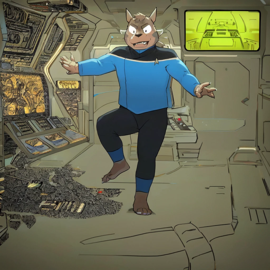 (((Barefoot furry character, full body, cinematic setting, furry male, plantigrade))) 
((Totoro)), studio ghibili, furry, big, fat, whiskers, grey skin, claws,
exudes confidence and authority on starship bridge, ((wears star trek lower decks uniform))), ((sttldunf star trek black and blue uniform)), long black pants, black shoulders, muscular figure, dynamic pose, action expression
((Bridge of starship with many screens and consoles)), futuristic look, metalic, bright colors
BREAK, intricate details, highly detailed, extreme detail, octane render, fine art, best quality, highres, (detailed face:1.5), ((full_body)), UHD, (((perfect hands))), ((low light:1.5))