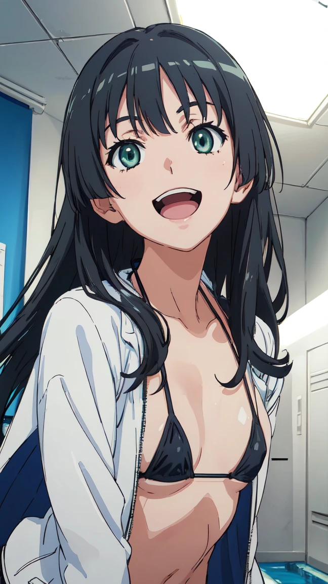 Micro Bikini,Parker jacket, (High resolution:1.4), (masutepiece:1.2), (High quality:1.3) 1girl, saten ruiko, green eyes, long hair, black hair, small breast, cinematic lighting, pov, dynamic angle, party pool, smile, open mouth