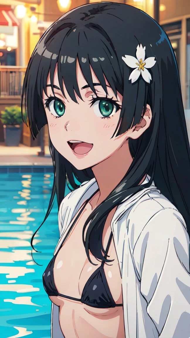 Micro Bikini，Parker jacket， (High resolution:1.4), (masutepiece:1.2), (High quality:1.3) 1girl, saten ruiko, green eyes, long hair, black hair, small breast, cinematic lighting, pov, dynamic angle, party pool, smile, open mouth