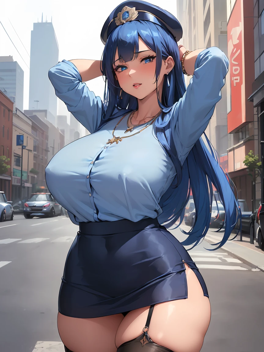 (((absurd))), (((masterpiece))), (((best quality))), ((Extremely detailed)), Ultra-high quality, Practical, (The real situation, Intricate details, Depth of Field), ((((1 Girl, Solitary)))), cosmetic, Open your mouth, Very detailed, Perfect face, (((Mature woman, ))), (Huge breasts, Thick thighs, Wide hips, The waist), (Skin Indentation), High target, Glossy lips, ((Firm abdomen)), Sexy, blush, ((Blue Hair, Bangs, Very long hair)), ((Beautiful blue eyes)), ((necklace, earrings, Hair accessories, Hair accessories, Headband, bracelet)), ((((police,  hat, Blue shirt, mini skirt, stocking)))), Charming smile, ((outdoor, City)), (((Cowboy shooting, posture, Raise your arms above your head)))