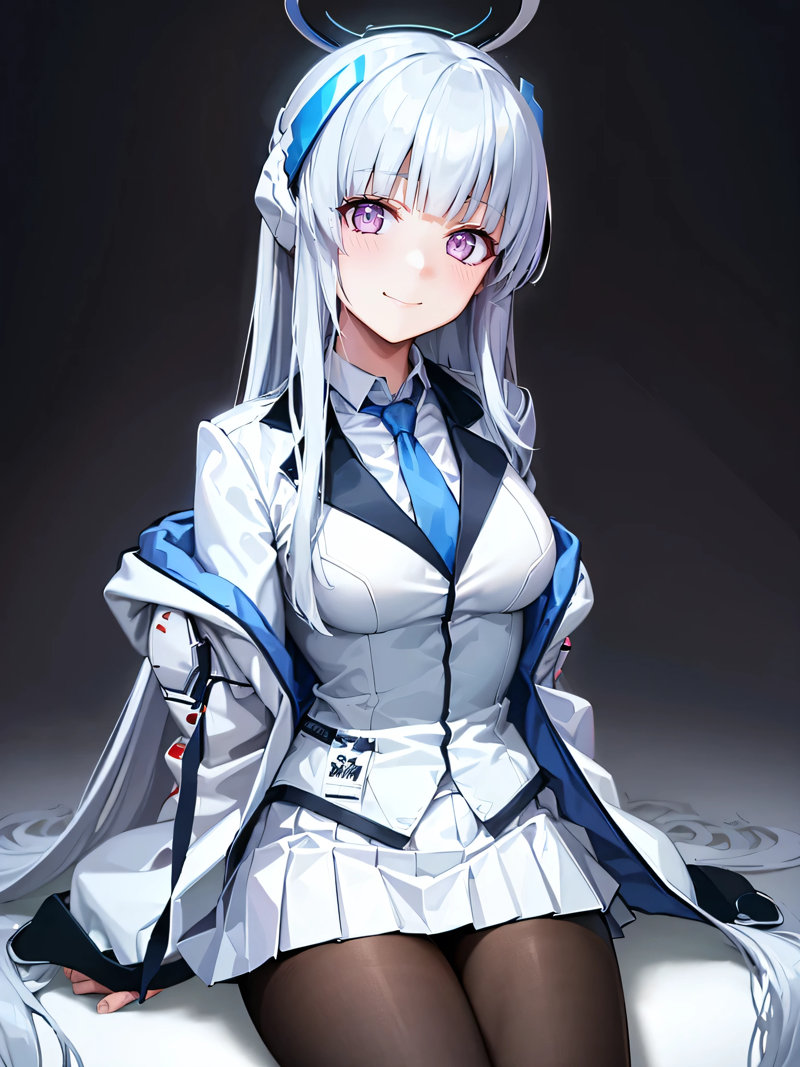 (Realistic painting style:0.9), masterpiece, (best quality), absurdres, looking at viewer, no pupils, (detailed eyes), alternate costume, 1girl, masterpiece, best quality, ultra-detailed, illustration,noa, 1girl, bangs, black pantyhose, blue necktie, blush, closed mouth, collared shirt, formal, grey hair, halo, headphones, jacket, long hair, long sleeves, looking at viewer, mechanical halo, necktie, open clothes, open jacket, pantyhose, pleated skirt, purple eyes, shirt, sitting, skirt, smile, solo, suit, very long hair, white jacket, white shirt, white skirt, white suit