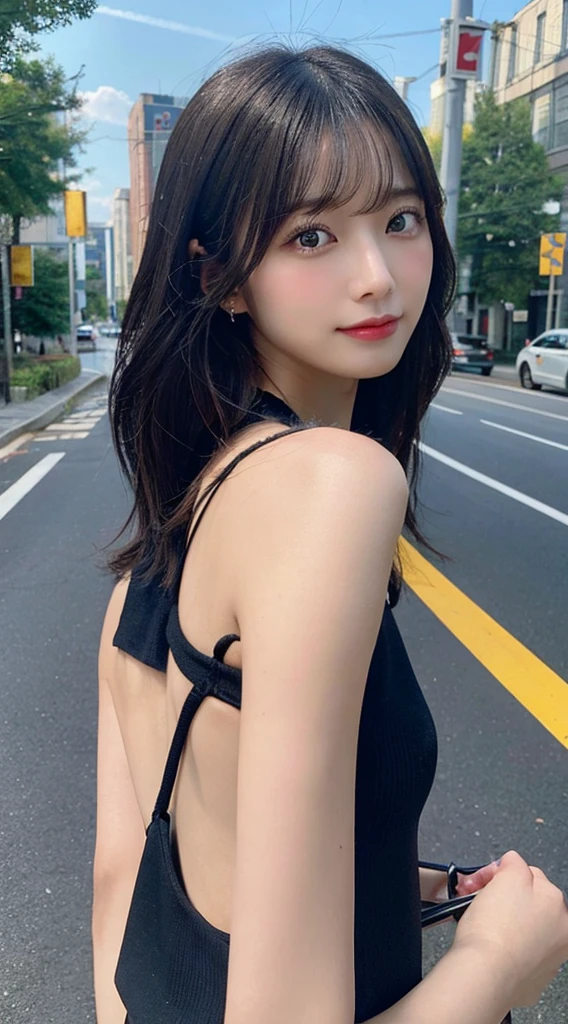 Tabletop, Highest quality, Very detailed, In detail, High resolution, In 8K, Perfect dynamic composition, Beautiful attention to detail, Natural Lip, delicate、Black tank top、Ezvian Everywhere 、plump 、beauty 、Beautiful black hair、Medium Straight Hair、delicateな目、delicateな目元、Highest quality、roadside、blue sky、Looking back