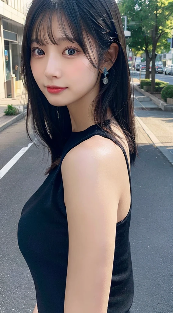 Tabletop, Highest quality, Very detailed, In detail, High resolution, In 8K, Perfect dynamic composition, Beautiful attention to detail, Natural Lip, delicate、Black tank top、Ezvian Everywhere 、plump 、beauty 、Beautiful black hair、Medium Straight Hair、delicateな目、delicateな目元、Highest quality、roadside、blue sky、Looking back