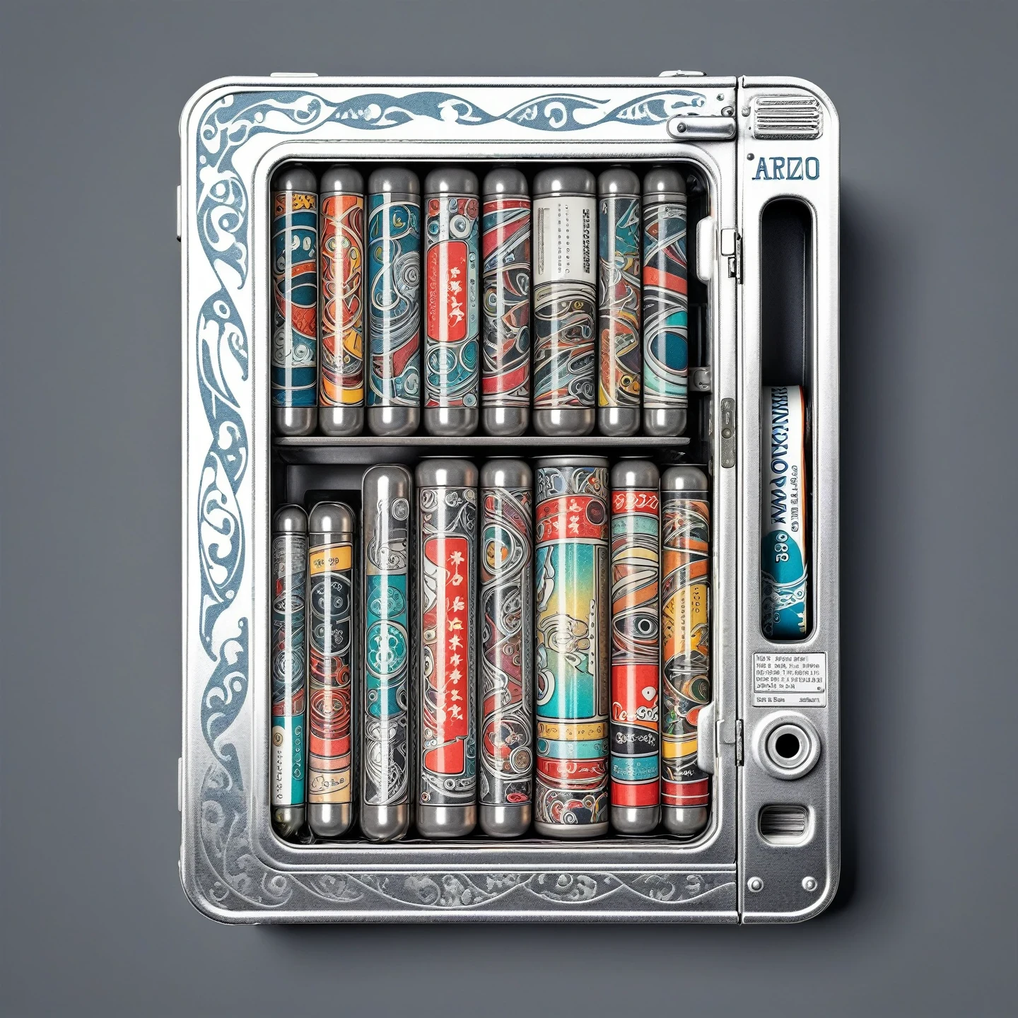 stacked Flat tins in compact vending machine, tattoo design, Japanese retro, doctor, lineart PStyl3, negative space, abstract, intricate, iridescent,