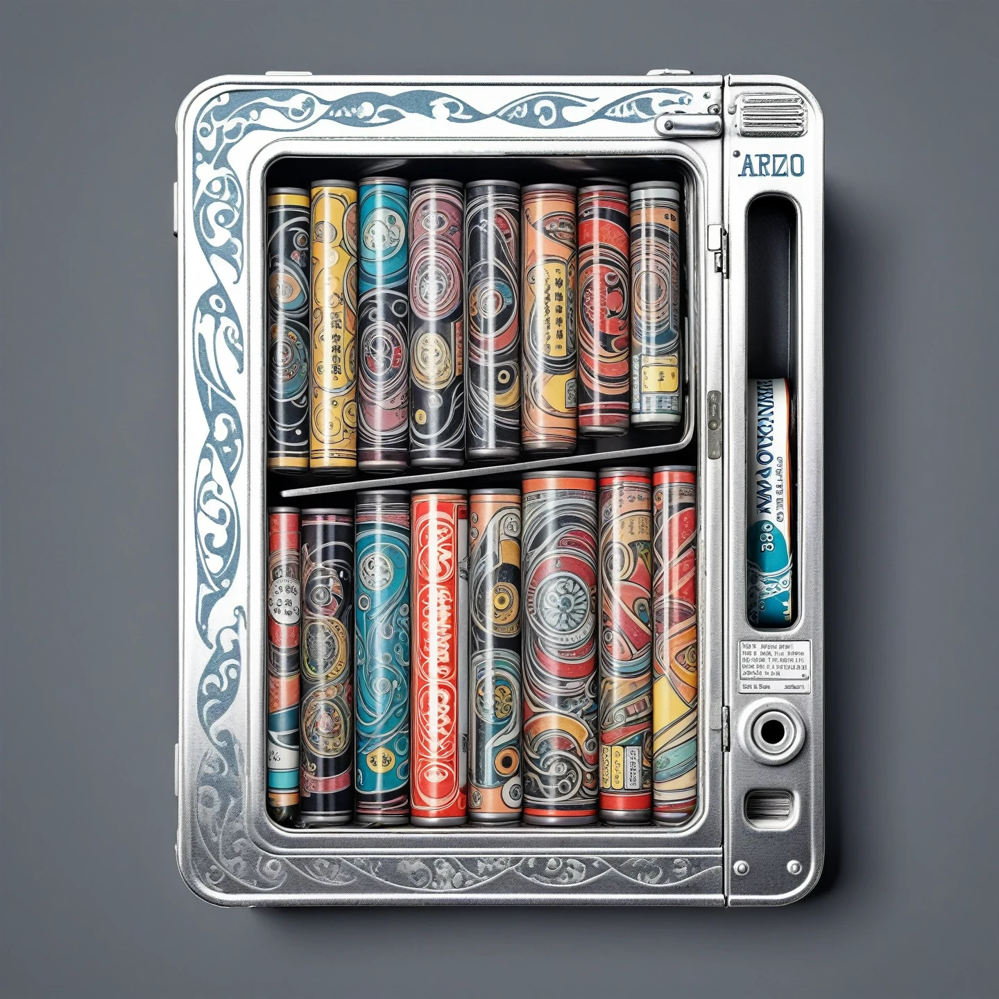 stacked Flat tins in compact vending machine, tattoo design, Japanese retro, doctor, lineart PStyl3, negative space, abstract, intricate, iridescent,