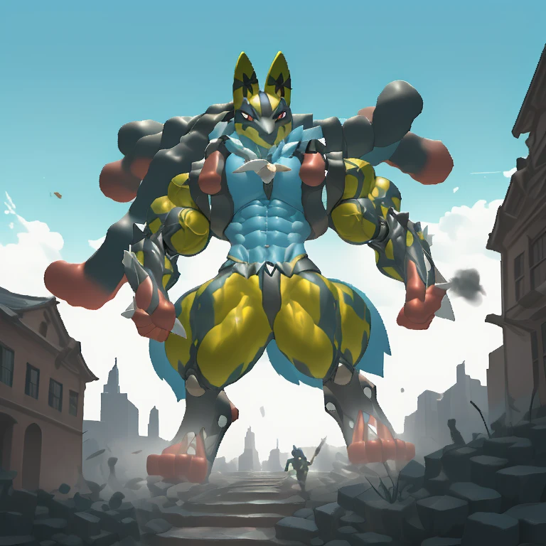 (masterpiece. official art. 8k. best quality. detailed full body. full body.)

(situation 1 : dominating mega lucario. focus GIANT mechanical Muscular mega lucario is trampling the CITY. macro. stomp. Low-angle perspective. emphasizing the immense size. The perspective is from below, emphasizing the sheer majesty and power of the Giant. giant art. He is much bigger than a skyscraper. Giga Giants. micro soccer field. looking down.)

(situation 2 :smoke and flames rising from the destruction in the city)

(Additional details 1: wearing a full-face helmet. high-tech bio-mecha armor. real texture material. whole body shines like metal. Wearing cyberpunk mecha. emphasizes the muscles. suit fully made of metal. intricate armor. Robotic suit. suit fully made of metal. cyborg. Powered exoskeleton with the same design as mega lucario).

(Additional details 2: (Detailed head. Detailed Body. Detailed abs. gigantic muscles. HYPER MUSCLES. Gigachad Muscular. big muscle. pecs. triceps. traps. unusually developed muscular body. body full of huge muscles. showing off muscles. pectorales enormes. Exaggeratedly huge muscles. huge muscles. long legs.).