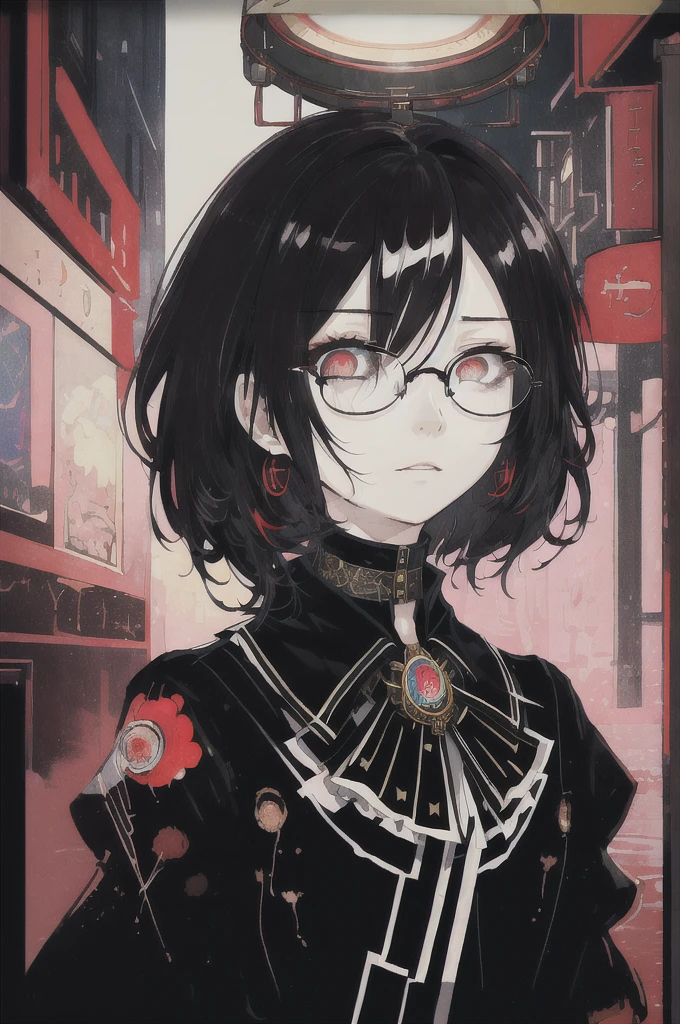 ((Highest quality)), (((masterpiece))), (High resolution), original,Round Glasses、Round Glasses、rain、rain、 Highly detailed 8k wallpaper, (Very delicate and beautiful),((Highest quality)),Limited edition palette, style style style Black choker around the neck、Black T-shirt、style gird, (style:(style:1.5)(style:1.5)1.5), Limited edition palette,[flat_stylechest, black style eyes, long style red hair, Black choker around the neck、Black choker around the neck、Black T-shirt、style eyes,浮かぶBlack T-shirt), feather over style]style, (Double exposure:1.3),(Glitch Hair+++),(Glitch meets dark hair),[Very delicate and beautiful girl who with scarf,feather],(Beautiful and detailed red eyes),world masterpiece theater,whole body,cyber punk,、Yellow backgroundﾍﾞｰｽIn color