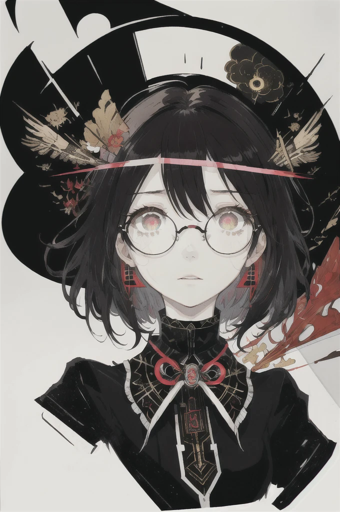 ((Highest quality)), (((masterpiece))), (High resolution), original,Round Glasses、Round Glasses、rain、rain、 Highly detailed 8k wallpaper, (Very delicate and beautiful),((Highest quality)),Limited edition palette, style style style Black choker around the neck、Black T-shirt、style gird, (style:(style:1.5)(style:1.5)1.5), Limited edition palette,[flat_stylechest, black style eyes, long style red hair, Black choker around the neck、Black choker around the neck、Black T-shirt、style eyes,浮かぶBlack T-shirt), feather over style]style, (Double exposure:1.3),(Glitch Hair+++),(Glitch meets dark hair),[Very delicate and beautiful girl who with scarf,feather],(Beautiful and detailed red eyes),world masterpiece theater,whole body,cyber punk,、Yellow backgroundﾍﾞｰｽIn color