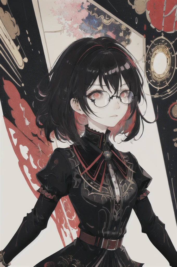 ((Highest quality)), (((masterpiece))), (High resolution), original,Round Glasses、Round Glasses、rain、rain、 Highly detailed 8k wallpaper, (Very delicate and beautiful),((Highest quality)),Limited edition palette, style style style Black choker around the neck、Black T-shirt、style gird, (style:(style:1.5)(style:1.5)1.5), Limited edition palette,[flat_stylechest, black style eyes, long style red hair, Black choker around the neck、Black choker around the neck、Black T-shirt、style eyes,浮かぶBlack T-shirt), feather over style]style, (Double exposure:1.3),(Glitch Hair+++),(Glitch meets dark hair),[Very delicate and beautiful girl who with scarf,feather],(Beautiful and detailed red eyes),world masterpiece theater,whole body,cyber punk,、Yellow backgroundﾍﾞｰｽIn color