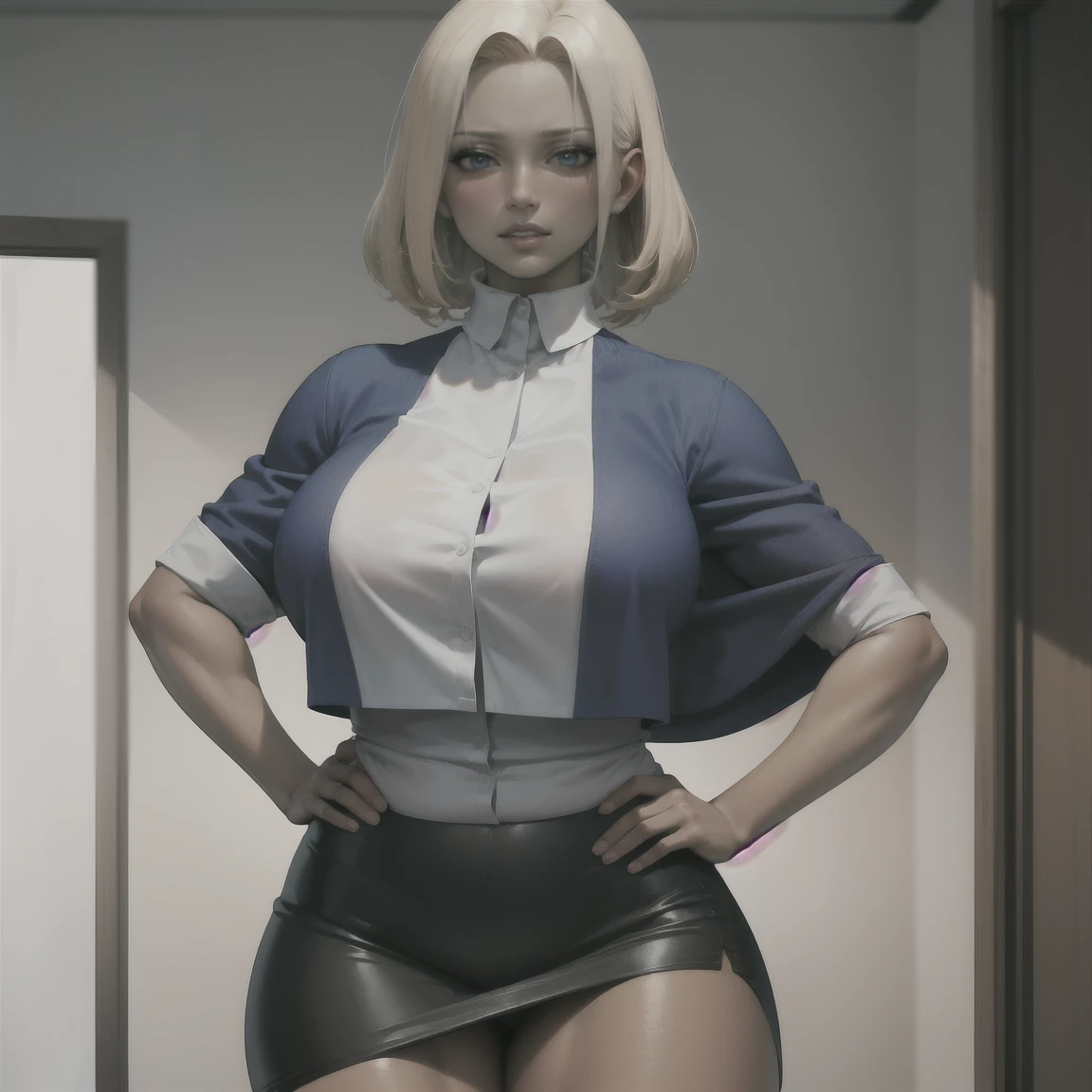 detailed, masterpiece, Ultra HD, Anatomically correct, best quality, 4K, absurd, Perfect hands, (sercyot:1.1), (暗dark skin, Dark-skinned women, dark skin, Square hairstyle, Blonde hair, blue eyes), (1 Girl, Solitary, White background, permanent, portrait, Hands on hips), Sexy, hot, blush, Open your mouth, Aroused, Smile, (Large Breasts, Breast sagging, Heavy breasts, Thick thighs, ), (skirt, Official uniform, Trade Dress, Hot and humid, Hot and humid face:1.1)