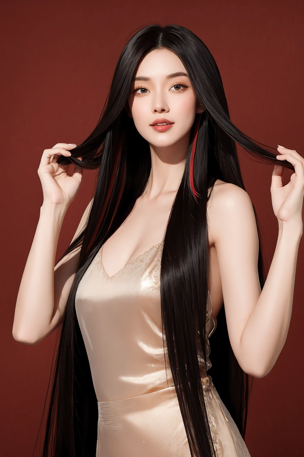 24-year-old female、Hair color is black、The eye color is dark brown、Super long hair、Straight hair、A slender but well-proportioned muscular woman、Laughter、I'Wearing a necklace、Wrist Accessories、Wearing transparent tops、I'm wearing high heels、Wear light pants、Laughter、wear a lace choker、I'm in a marble building、Too beautiful hair