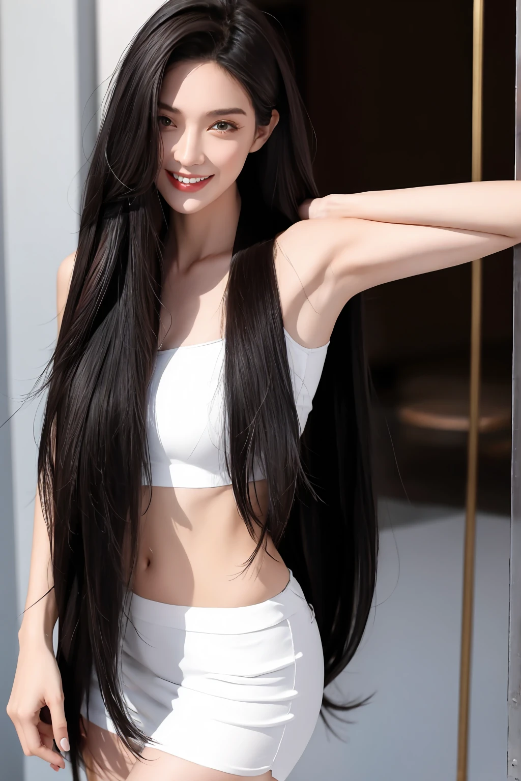 24-year-old female、Hair color is black、The eye color is dark brown、Super long hair、Straight hair、A slender but well-proportioned muscular woman、Laughter、I'Wearing a necklace、Wrist Accessories、Wearing transparent tops、I'm wearing high heels、Wear light pants、Laughter、wear a lace choker、I'm in a marble building、Too beautiful hair