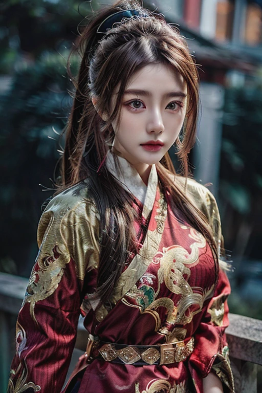 Fei Yu_robes, depth of field, The lines are thin and smooth., Whole body photo, see the whole body, 4K resolution, Highly detailed, realistic, red cloth, exquisite face, blonde hair, red eyes, long hair, braid, beautiful girl, Full show, Gold Embroidery， black embroidered gold，big breasts, high ponytail， depth of field, high resolution, 1 woman, beautiful eyes, robesจีน, Fei Yu,