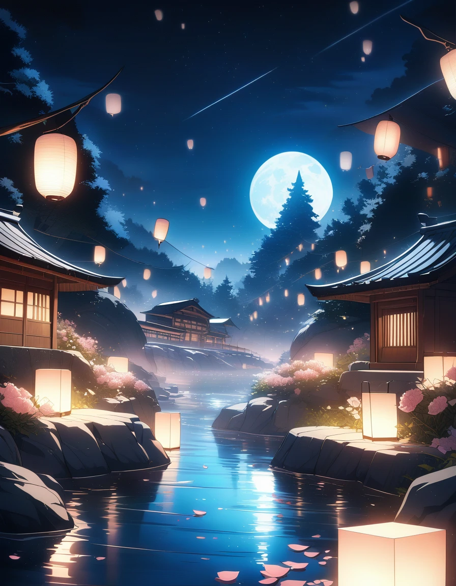 gorgeous lips, cinematic, (masterpiece), (best quality), (ultra-detailed), very aesthetic, illustration, perfect composition, intricate details, absurdres, detailed face, (anime, masterpiece, intricate:1.3), (best quality, hires textures, high detail:1.2), (4k),(incredibly detailed:1.4) 《masterpiece》, 《best quality》, 《ultra-detailed》, hot spring, mist, rocks, cherry blossoms, glittery mist, moonlight, sky, lots of stars in the sky, water reflections of the night sky, floating lanterns a above the water, flower petals in the water, moon in the sky, Anime art style, worldofmist,