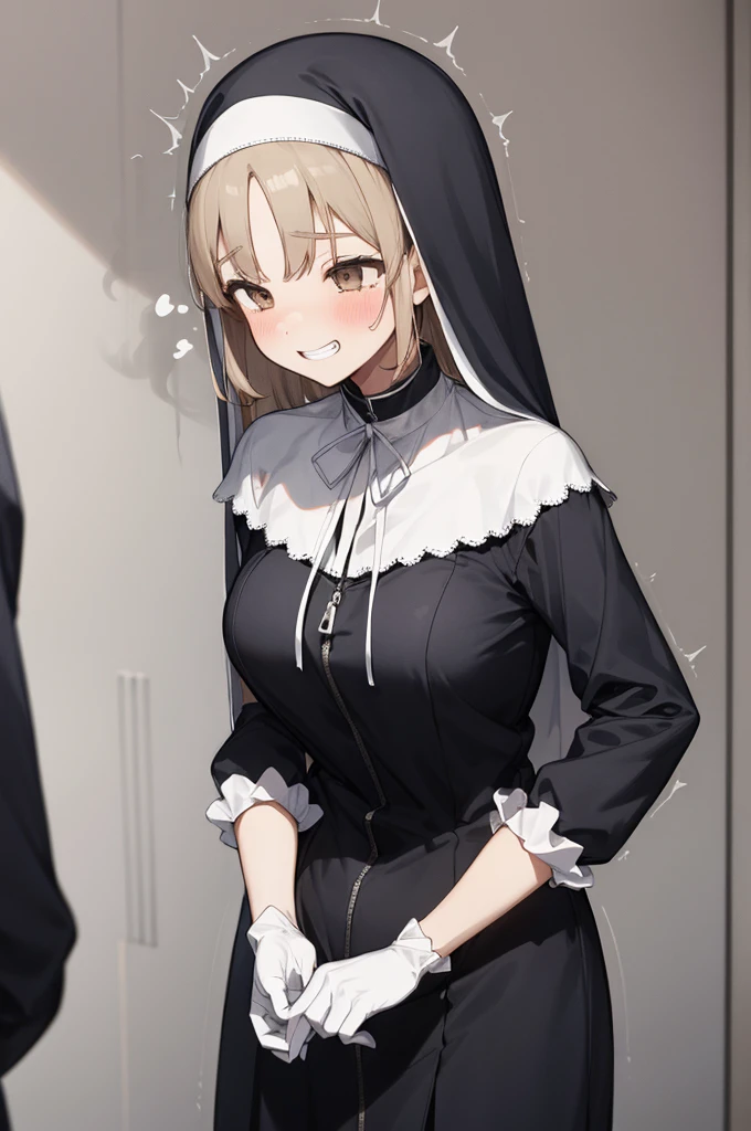 aasister, long hair, nun, habit, white capelet, neck ribbon, (black dress:1.2), long sleeves, white gloves, full-length zipper,big breasts,(((trembling))),grin