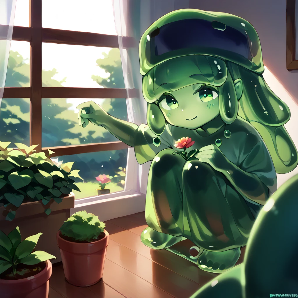 , Cute slime girl watering the garden, window, window
