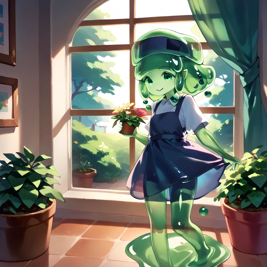 , Cute slime girl watering the garden, window, window
