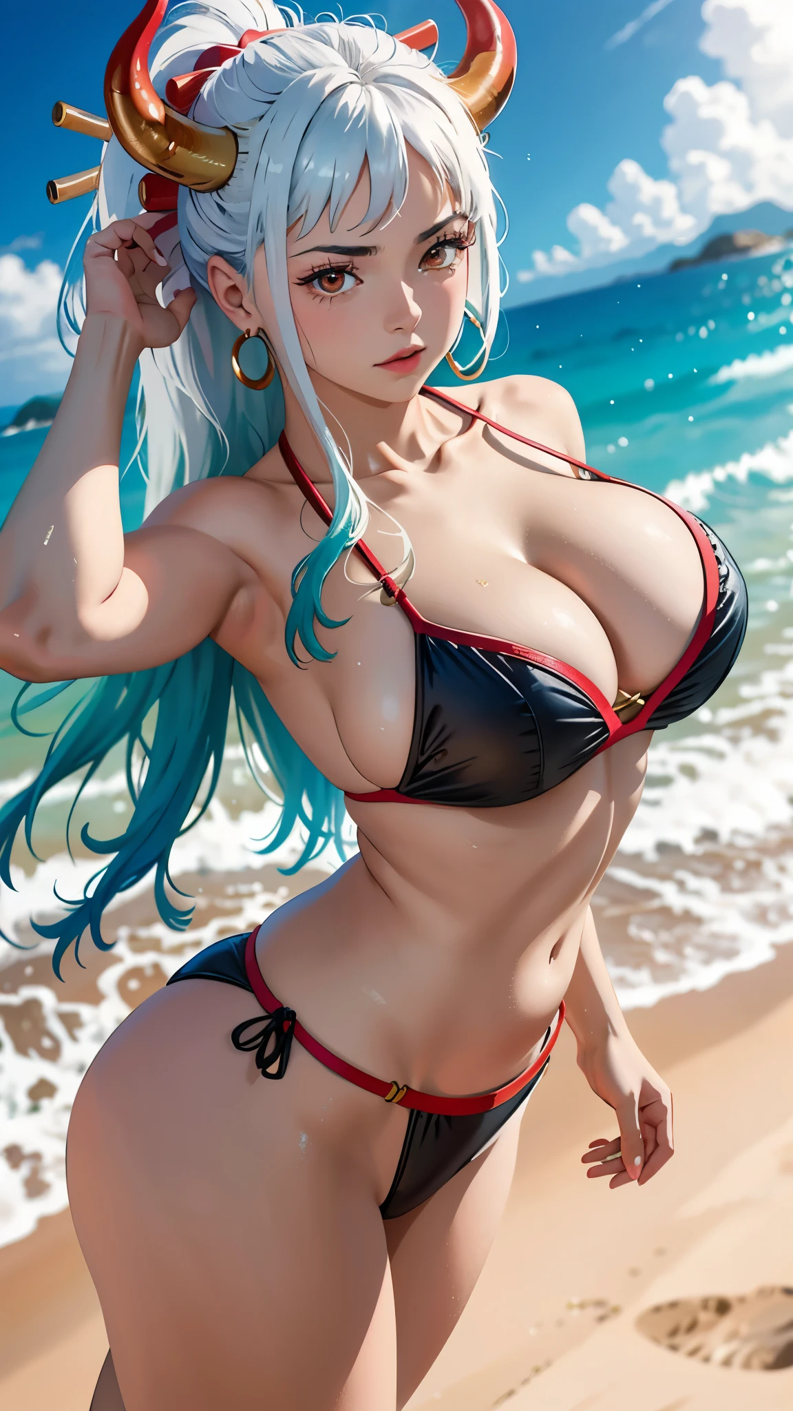 Masterpiece, Best quality, 1womanl, A high resolution,  Beautiful girl ,  yamatowanpi，Large breasts，cleavage，looks into camera，Bust photo，Raised sexy，Be red in the face，Sea background