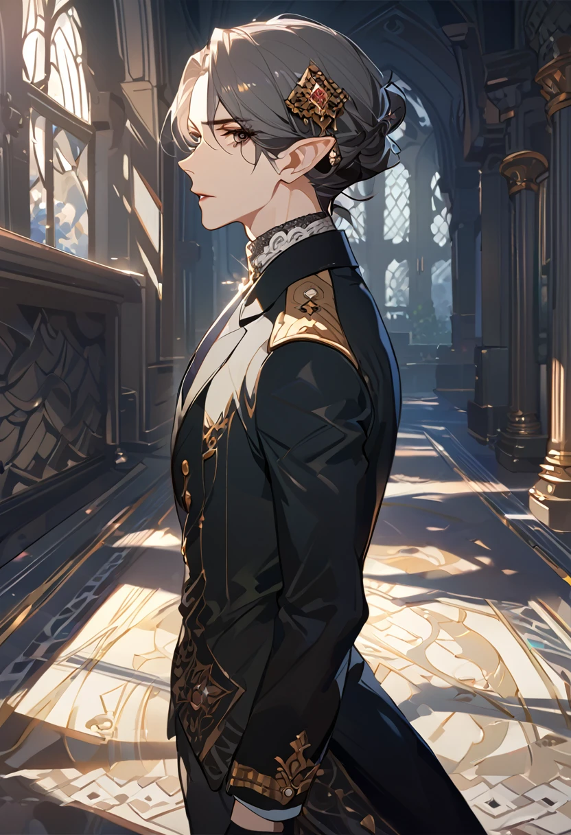 masterpiece, best quality, 8k ,4k , 1 male, elf, long ears elf, dark grayish hair, dark greenish eyes, hair ornament, finely detailed eyes and detailed face, looking at viewer, from side, meticulous clothes, formal clothes, combination of white and black coat, half cape by the shoulders, patterned clothes, majestic looks, sharp looks, shadows, inspired by Asukaziye artist : ask, art style : ask