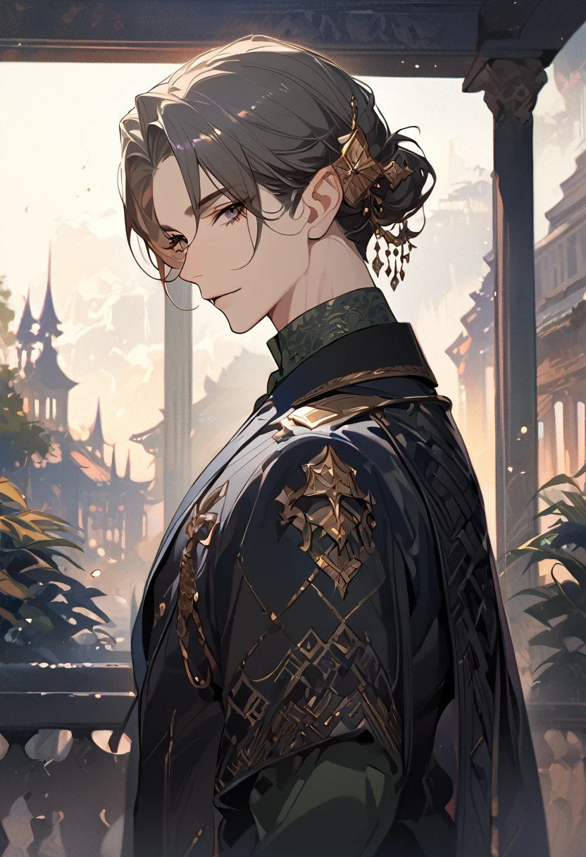 masterpiece, best quality, 8k ,4k , 1 male, elf, long ears elf, dark grayish hair, dark greenish eyes, hair ornament, finely detailed eyes and detailed face, looking at viewer, from side, meticulous clothes, formal clothes, combination of white and black coat, half cape by the shoulders, patterned clothes, majestic looks, sharp looks, shadows, inspired by Asukaziye artist : ask, art style : ask