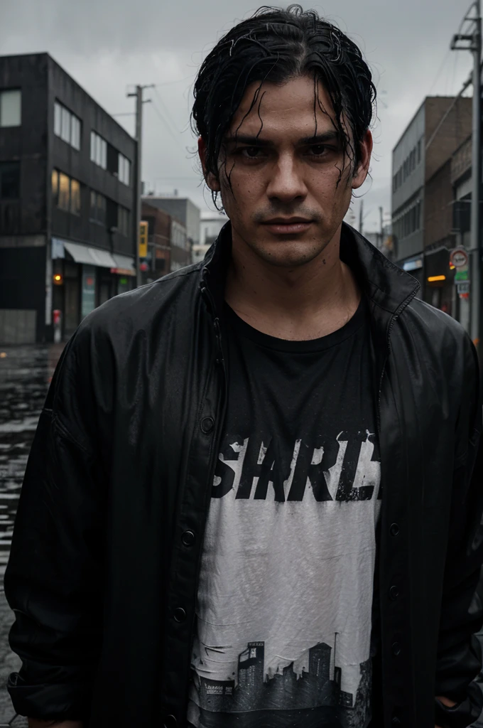 A man with wet black hair stood in the middle of a dark and rainy industrial area. His face and clothes were covered in blood. He wore a black jacket over a white t-shirt. The background shows buildings with dim lighting and a dramatic atmosphere