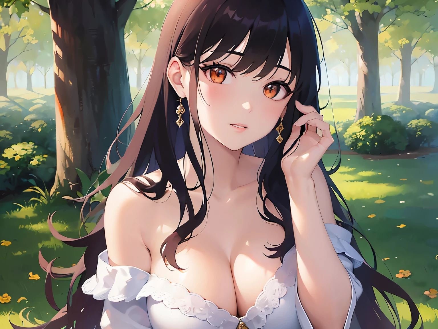 Cleavage,Detailed CG,Ultra-fine illustrations,masterpiece,Highest quality,BREAK(white)and(off shoulder blouse)BREAK,Realistic,real person,(pale skin: 1.2),RAW photo,photorealistic(Pale skin:1.2),shiny skin,shiny hair,(A 28-year-old woman with medium-length hair and bangs)and(wavy hair)and(brown hair)and(Orange Eyes:1.3),(blush:1.3),(upturned eyes),The background is a park with a large lawn,Alone