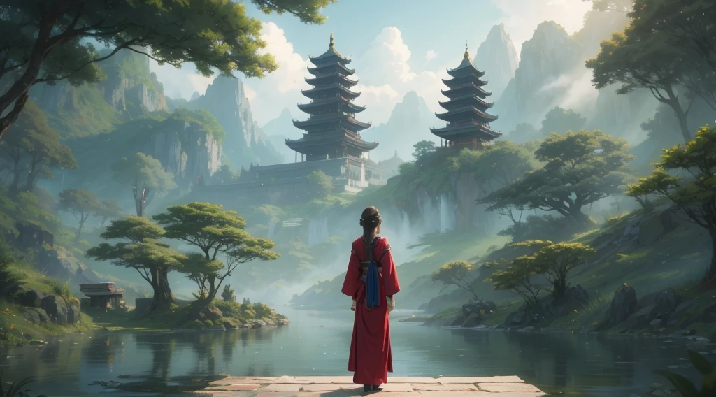 Create a captivating and visually stunning cover for a video with ambient music. The cover should be a masterpiece that not only attracts attention but also tells an intriguing story. The scene features a girl with a long braid, dressed in traditional oriental clothes, shown in full length from a distance. She stands gracefully, looking towards the horizon, evoking a sense of peace and contemplation. In the background, a serene temple rises majestically, surrounded by lush greenery and natural beauty. A calm body of water reflects the temple and the surrounding nature, enhancing the tranquil atmosphere. The soft, ambient light bathes the scene in a mystical glow, creating an ethereal and inviting mood. The composition should be designed to be highly clickable, drawing viewers in with its enchanting and serene visual narrative, promising a visually and emotionally engaging experience that will captivate millions of YouTube viewers