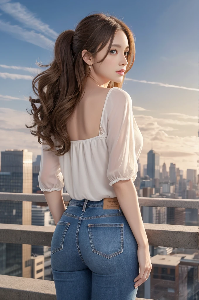 {[[[Ultra Detail]]]}, [[[realistic]]], [[[depth of field]]], full body, back, head tilt, incredibly detailed, longuette, 1 girls, 30 years old, very long hair, curly hair, high ponytail, light brown hair, beatiful detailed hair, Perfect face, Delicate arms and hands, slim legs, white skin, piercing, oversized clothes, large top sleeves, jeans, open clothes, cityscape, beautiful detailed sky, an extremely delicate and beautiful, [[[wallpaper 8k CG]]], [[[best quality]]], [[[best masterpiece]]],