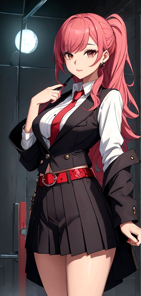 Here's an updated description of Yuna's appearance and uniform:

Yuna Itadori, the female version of Yuji, has a striking appearance that sets her apart from her peers. Her long, vibrant pink hair cascades down her back like a waterfall, with loose waves framing her face. Her brown eyes are warm and expressive, shining with kindness and intelligence.

In terms of her uniform, Yuna's outfit is identical to Nobara's, with one notable exception - a bright red hood that adds a pop of color to her overall look. Her uniform consists of:

- A white shirt with a black vest and a short, pleated skirt that falls just above her knees.
- A black blazer with a red hood, which is the only difference between her uniform and Nobara's.
- Black stockings and low-heeled boots that complete her stylish and functional look.

The red hood on Yuna's blazer is a distinctive feature that makes her uniform stand out from Nobara's. It's a small but meaningful detail that reflects her individuality and personal style. Despite the slight difference in their uniforms, Yuna and Nobara share a strong bond and a deep trust that makes them a formidable team in the world of jujutsu sorcery.Her belly is vissible,she have huge boos