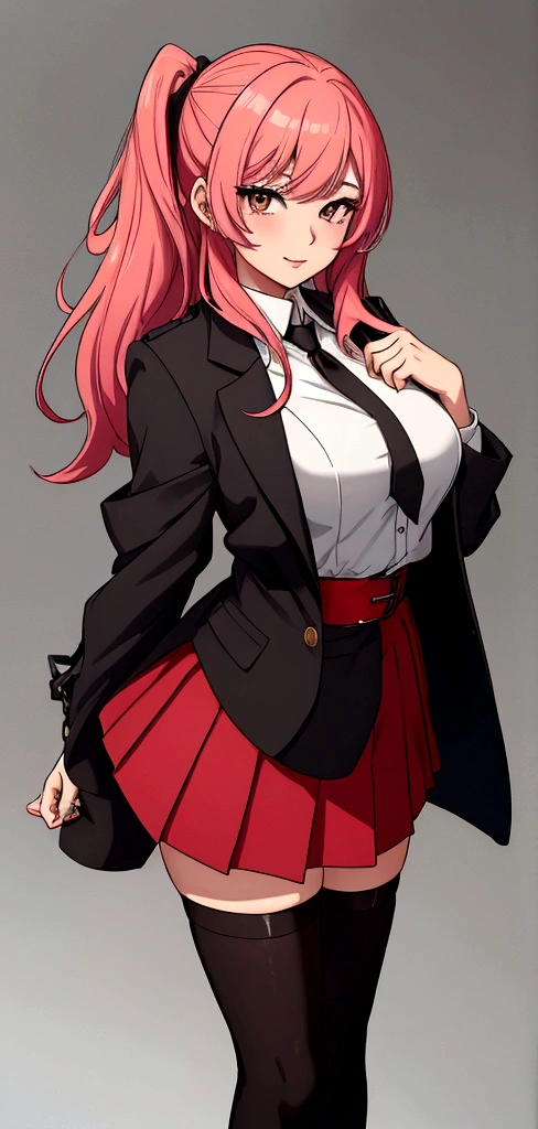 Here's an updated description of Yuna's appearance and uniform:

Yuna Itadori, the female version of Yuji, has a striking appearance that sets her apart from her peers. Her long, vibrant pink hair cascades down her back like a waterfall, with loose waves framing her face. Her brown eyes are warm and expressive, shining with kindness and intelligence.

In terms of her uniform, Yuna's outfit is identical to Nobara's, with one notable exception - a bright red hood that adds a pop of color to her overall look. Her uniform consists of:

- A white shirt with a black vest and a short, pleated skirt that falls just above her knees.
- A black blazer with a red hood, which is the only difference between her uniform and Nobara's.
- Black stockings and low-heeled boots that complete her stylish and functional look.

The red hood on Yuna's blazer is a distinctive feature that makes her uniform stand out from Nobara's. It's a small but meaningful detail that reflects her individuality and personal style. Despite the slight difference in their uniforms, Yuna and Nobara share a strong bond and a deep trust that makes them a formidable team in the world of jujutsu sorcery.Her belly is vissible,she have huge boos