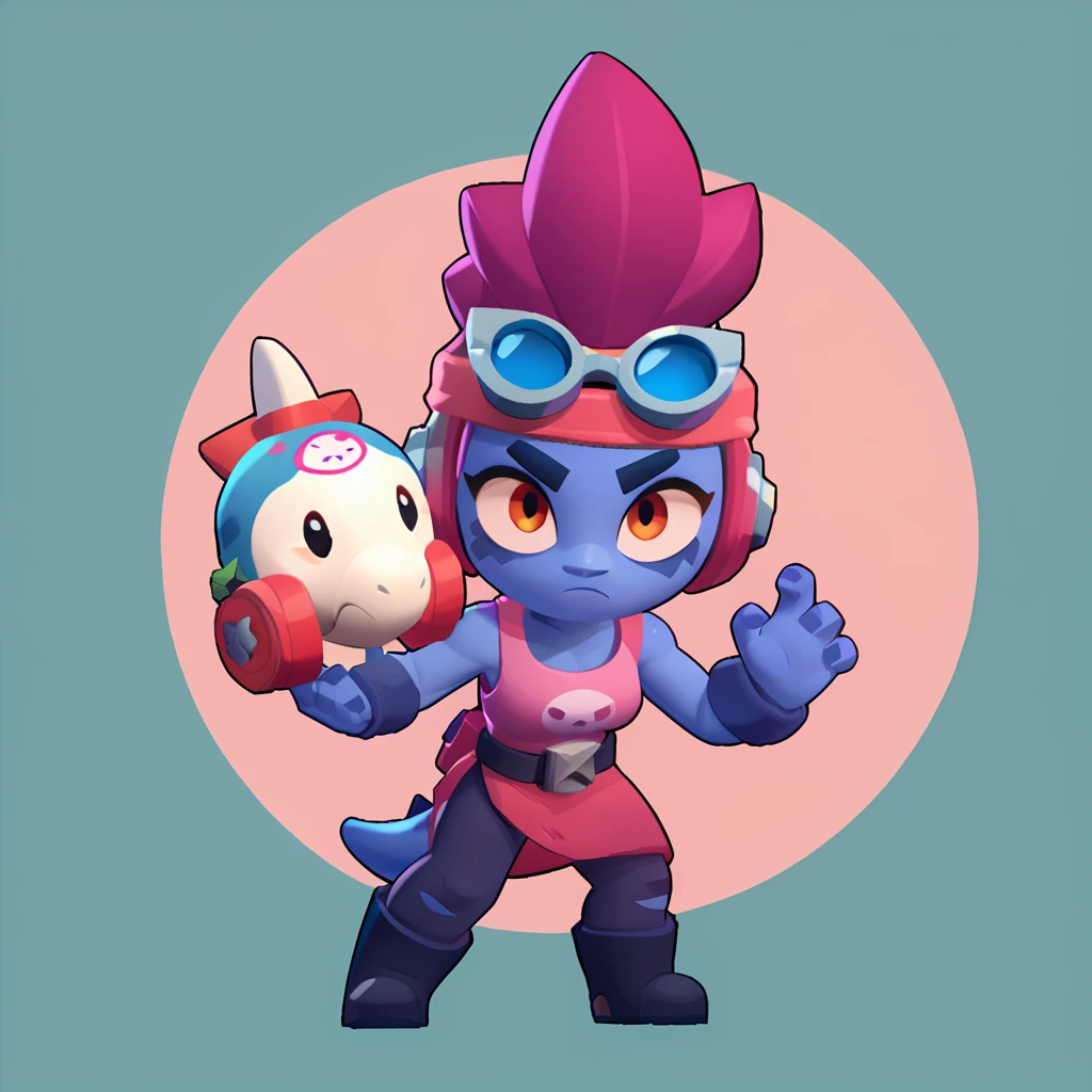 full view of a dinosaur, female, dark blue skin, friendly dinosaur, having pink and white buoy, dinosaur animal, brawl, brawl stars