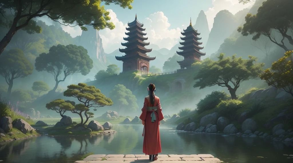 Create a captivating and visually stunning cover for a video with ambient music. The cover should be a masterpiece that not only attracts attention but also tells an intriguing story. The scene features a girl with a long braid, dressed in traditional oriental clothes, shown in full length from a distance. She stands gracefully, looking towards the horizon, evoking a sense of peace and contemplation. In the background, a serene temple rises majestically, surrounded by lush greenery and natural beauty. A calm body of water reflects the temple and the surrounding nature, enhancing the tranquil atmosphere. The soft, ambient light bathes the scene in a mystical glow, creating an ethereal and inviting mood. The composition should be designed to be highly clickable, drawing viewers in with its enchanting and serene visual narrative, promising a visually and emotionally engaging experience that will captivate millions of YouTube viewers