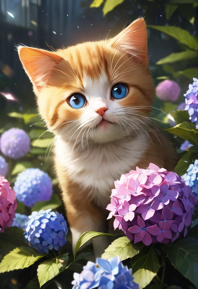 Hydrangea Park, kitten,Blur the background,Glitter effect,Highest quality, 4K, 8K, High resolution, masterpiece:1.2, Very detailed, Realistic:1.37, High resolution, 超High resolution, Ultra-fine painting, Sharp focus, Physically Based Rendering, Very detailedな説明, Professional, Vibrant colors
