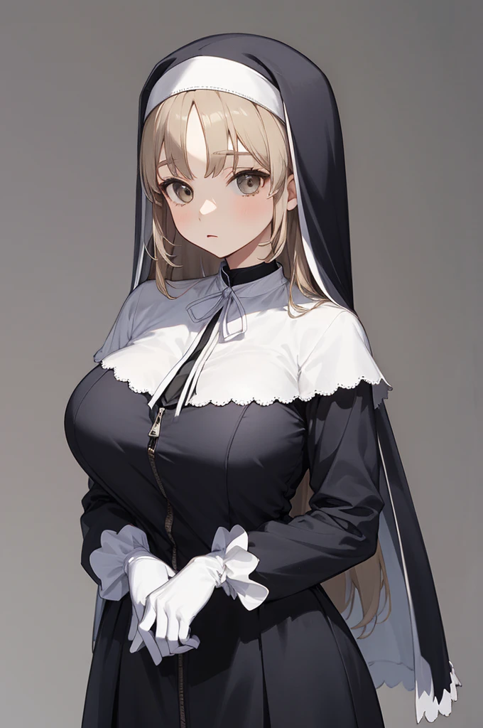 aasister, long hair, nun, habit, white capelet, neck ribbon, (body fit black dress:1.2), long sleeves, white gloves, full-length zipper,huge breasts,expressionless