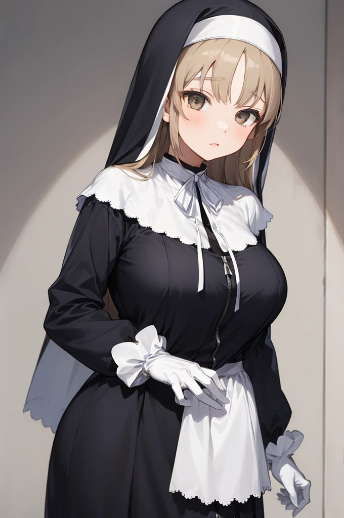 aasister, long hair, nun, habit, white capelet, neck ribbon, (body fit black dress:1.2), long sleeves, white gloves, full-length zipper,huge breasts,expressionless