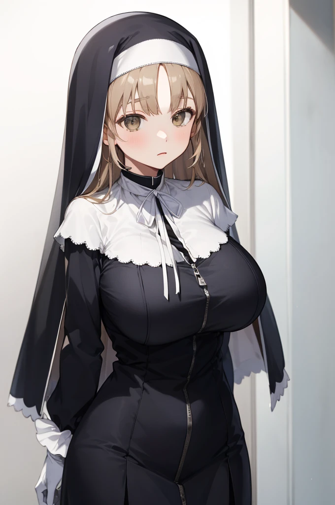 aasister, long hair, nun, habit, white capelet, neck ribbon, (body fit black dress:1.2), long sleeves, white gloves, full-length zipper,huge breasts,expressionless