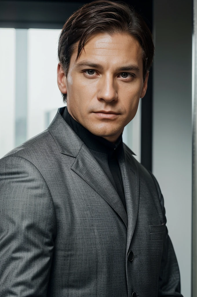 A white male lawyer in a business suit, professional profile photo, professional image, in a business suit, detailed professional photo, attorney, very professional, confident face, no smile, in a black business suit, detailed professional, in a business suit, 45 years old, short haircut. The photo should be even, with no shadows, and focus closely on the face.