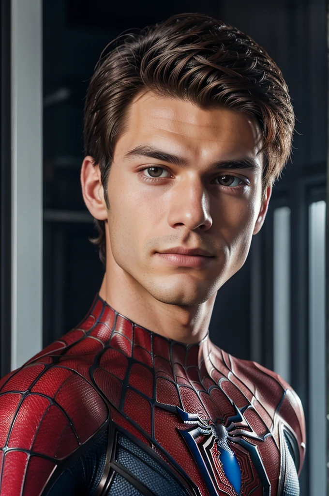 A photograph of spider man, no mask, 20 yo, handsome, detailed face, looking at camera, portrait, 8k uhd, high quality