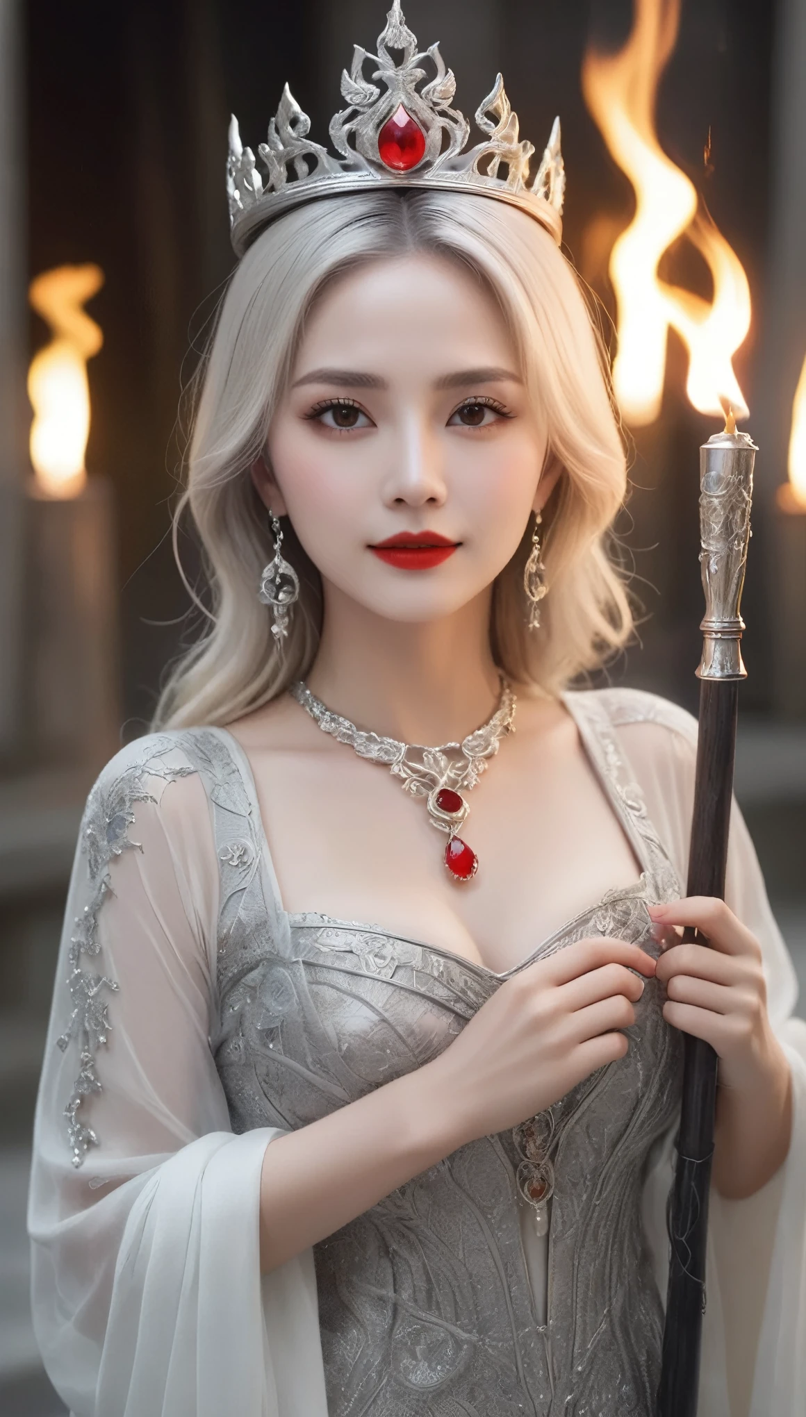 (((surreal woman)))、((Very beautiful 30 year old white woman))、(((Big big cleavage)))、のwitch girl、blonde mature、Plump figure、smile、Middle-aged beauty 、Very delicate and delicate skin texture、witch girl、{(Ancient ornate and luxurious temple)、(Many torches are burning)}、Red lips、Beautiful scarlet eyes、(((Gorgeous and glamorous silver outfit and luxurious accessories)))、I have a shiny platinum wand、
