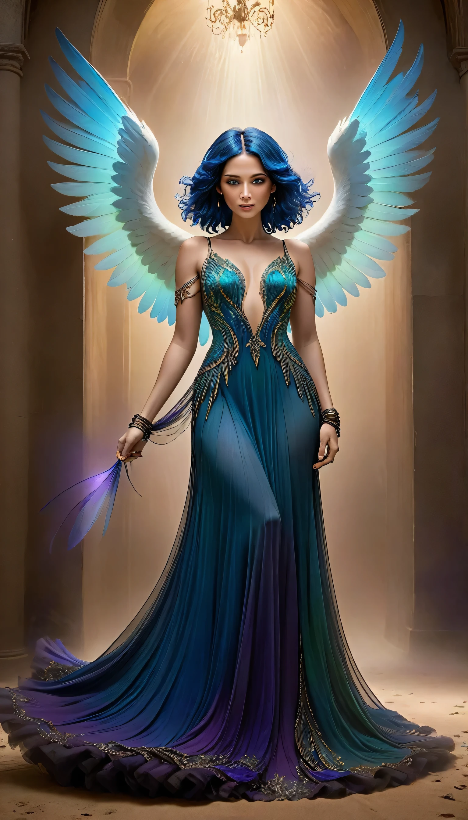 In this exquisite and enigmatic digital painting, a majestic angel stands with poise and confidence, her vibrant wings spread wide like an ethereal display. Her wings shimmer with iridescent hues of blue, green, and purple, each feather meticulously detailed and glowing with a mystical light. She wears a flowing black dress adorned with layered necklaces and wristbands, adding a touch of bohemian elegance to her appearance. Her deep blue hair cascades down her shoulders, framing her serene and powerful expression.

The timeless, sepia-toned space around her enhances the dreamlike quality of the scene, with subtle textures on the wall behind her. A faint, ghostly image of another angel is etched above her, adding depth and mystery to the composition. The fine sand beneath her feet grounds the ethereal scene