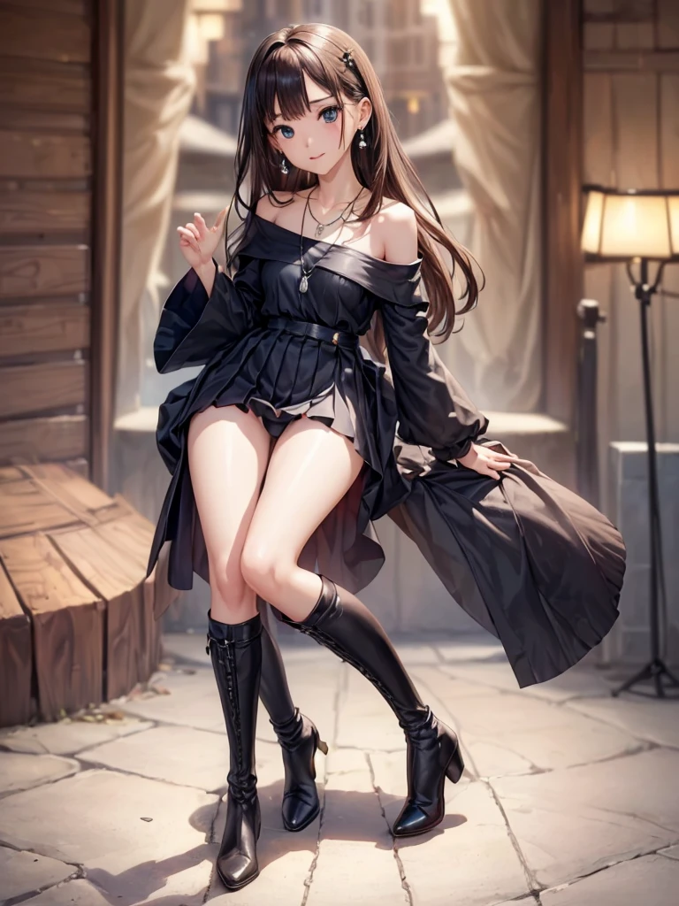 4K、((Focus on the face)), (Full Body Shot, Full-body photo including face), ((Cute symmetrical face))、Beautiful woman、Age 25、Slender body、(Small Ass、Thin thighs)、Off the shoulder、Knee-length box pleated skirt、(Long boots high heels、anklet)、I could see the whole body、Head to toe photos、Small earrings、necklace、Face the viewer in front of you、Horizontal Angle、The subject is far away、Shallow depth of field、Wide-angle focal length、Upward glance、Moment of jump、Vivid Photos