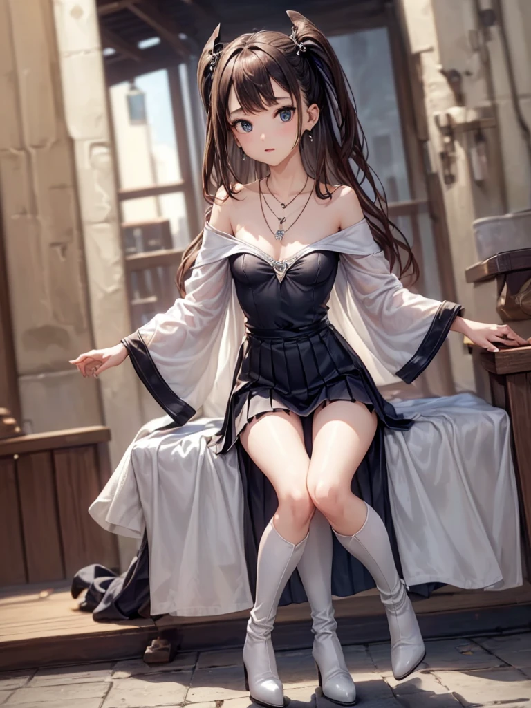 4K、((Focus on the face)), (Full Body Shot, Full-body photo including face), ((Cute symmetrical face))、Beautiful woman、Age 25、Slender body、(Small Ass、Thin thighs）、Off the shoulder、Knee-length box pleated skirt、(Long boots high heels、anklet）、I could see the whole body、Head to toe photos、Small earrings、necklace、Face the viewer in front of you、Horizontal Angle、The subject is far away、Shallow depth of field、Wide-angle focal length、Upward glance、Moment of jump、Vivid Photos