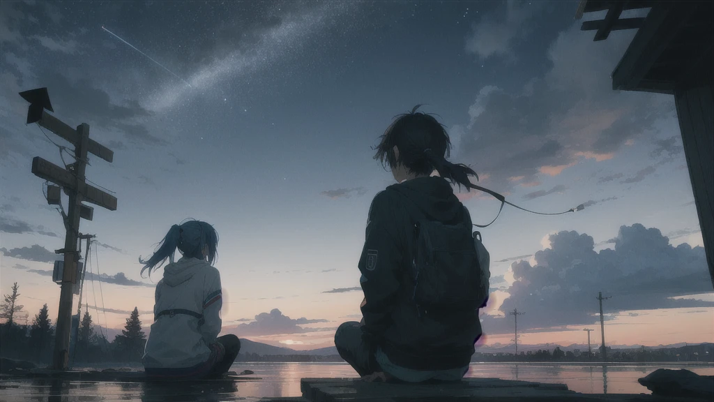 真っ暗なnight空,Octane, star (null), scenery, Blue parakeet,The acoustic guitar is in front of the body.,star, night, One Girl, Back view, alone, Outdoor, city,river,Blue parakeet,building, cloud, 天のriver, Sitting with knees held at chest height,silhouette