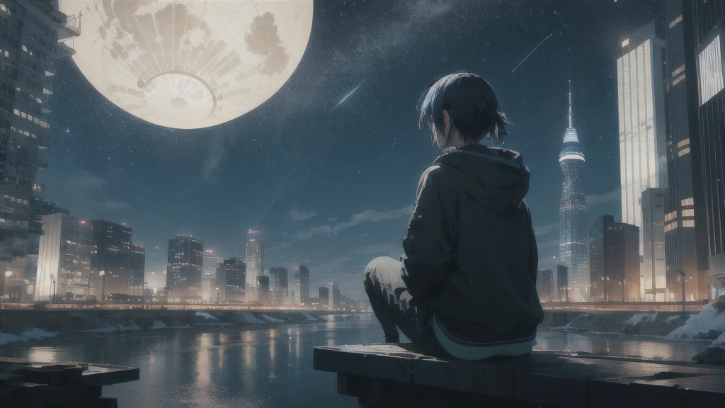 真っ暗なnight空,Octane, star (null), scenery, Blue parakeet,The acoustic guitar is in front of the body.,star, night, One Girl, Back view, alone, Outdoor, city,river,Blue parakeet,building, cloud, 天のriver, Sitting with knees held at chest height,silhouette